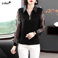 office lady turn down collar black long sleeved gauze t shirts fashion spring autumn skinny solid color elegant womens clothing