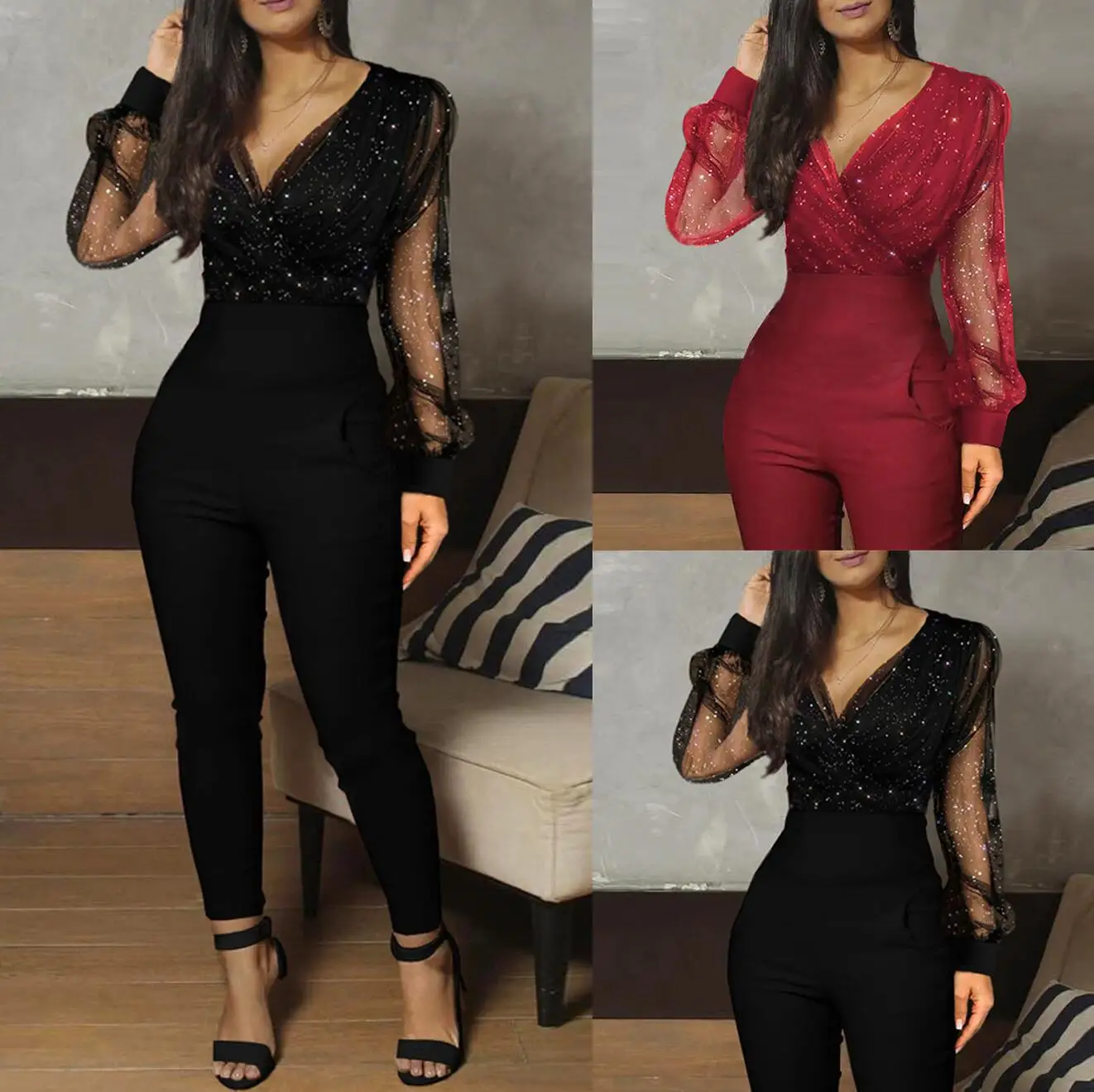 

Women Patchwork V-neck Long Sleeve Tunic Jumpsuit Sexy Party One Piece Overall Romper Playsuits