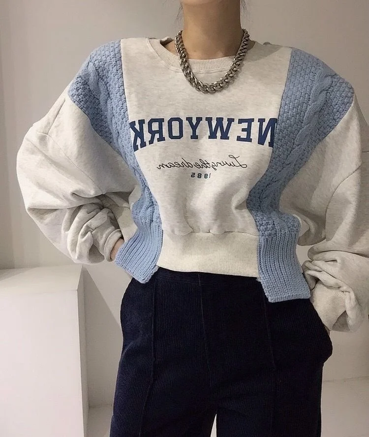 

Knitted Patchwork Sweater Hoodies Patchword Sweatsuit Graphic Hoodie Korean Style Autumn