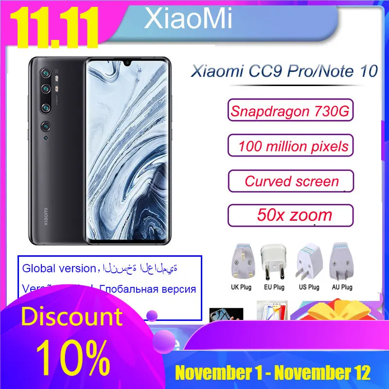 Xiaomi cc9 pro Smartphone xiaomi Note 10 4G 50x Zoom 100 Million  Hyperboloid Screen Pixels 5260mAh battery 6.47 Inches