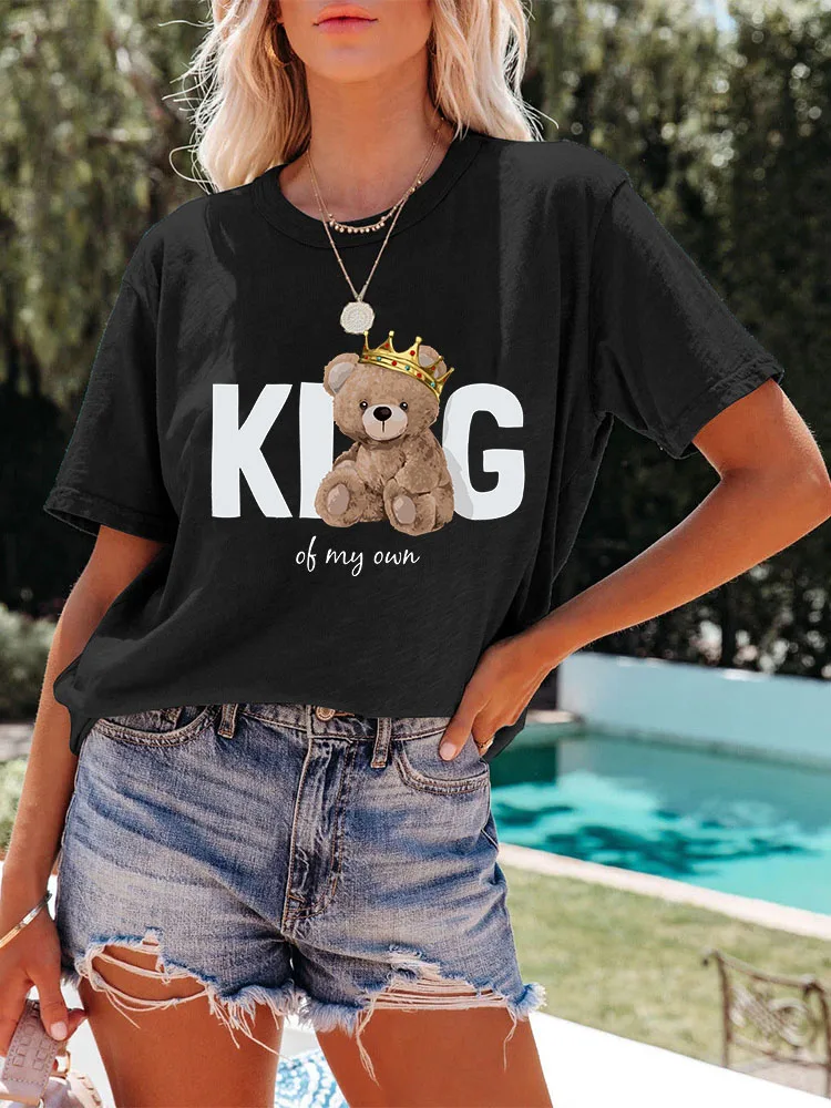 

Crown Bear Print T Shirt Women Harajuku Kawaii Loose T-shirt Graphic Cute Cartoon Short sleeve Tees Y2k Streetwear Tops Female