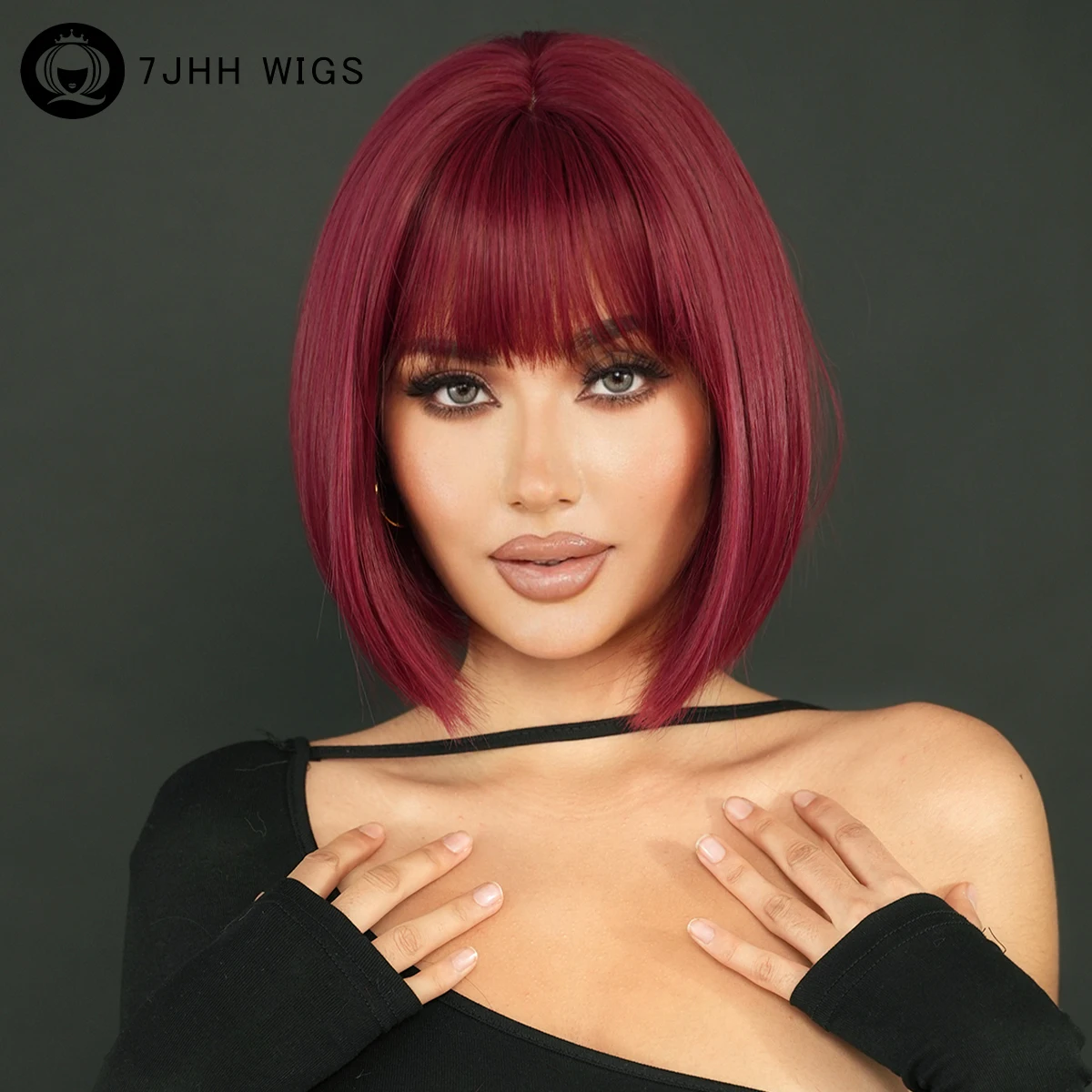 7JHH парики высокой плотности короткие прямые винно-красный боб парик для женщин