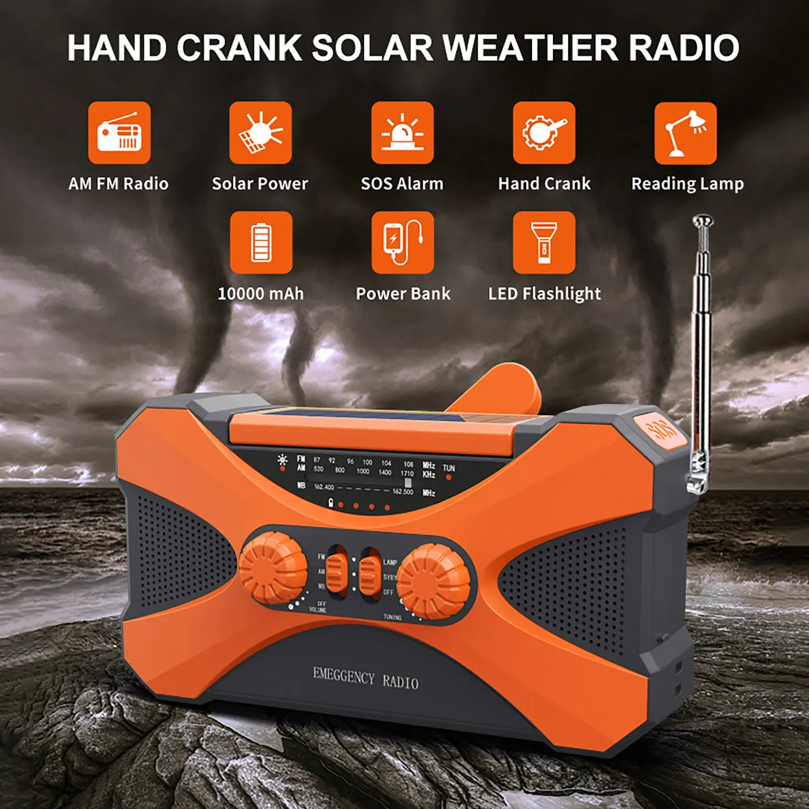 

Emergency Solar Powered Hand Crank Phone Charger Multi-purpose LED Flashlight AM/FM/WB Weather Radio Emergency Power Bank