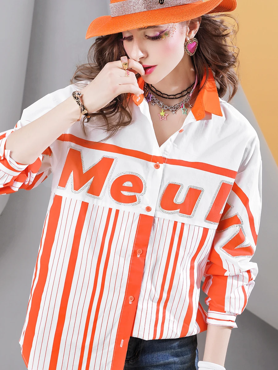 2024 Early Autumn European Goods Trendy Ozhouzhan Stripe Heavy Industry Top Shirts blouses Temperament Slimming Shirt E22