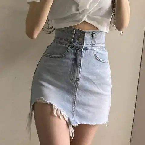 Chic and elegant Woman Jean Skirt Plus Size 4XL Retro High Waisted Warp Hip Sexy Skirts Front Zip Make Old Rip Edge Denim Skirt