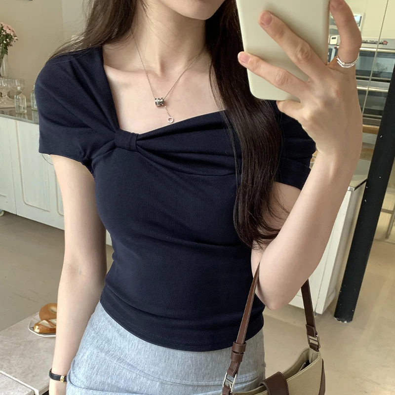 Элегантная футболка во французском стиле с воротником-лодочкой и бантом женские