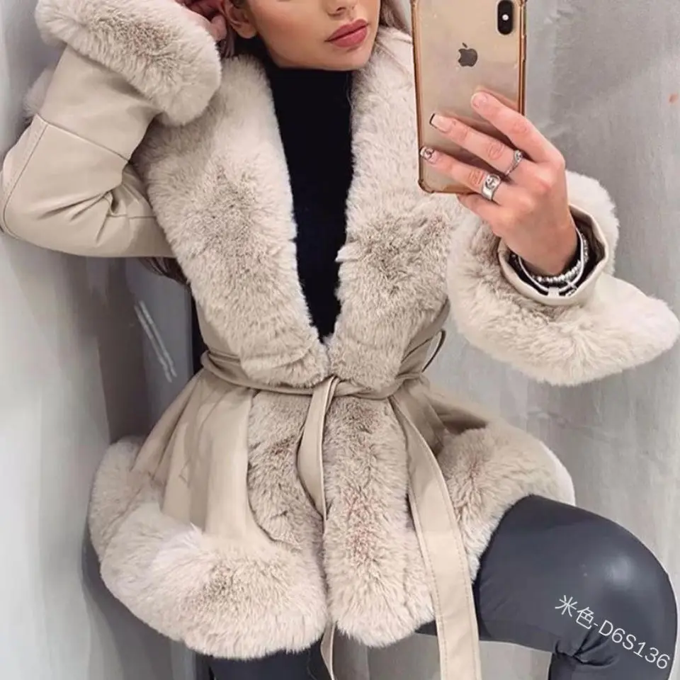 Women Fashion PU Leather Tie Belt Waist Long Coats 2023 Side Pockets Jackets Elegant Solid Faux Fur Jacket Female Overcoat Lady