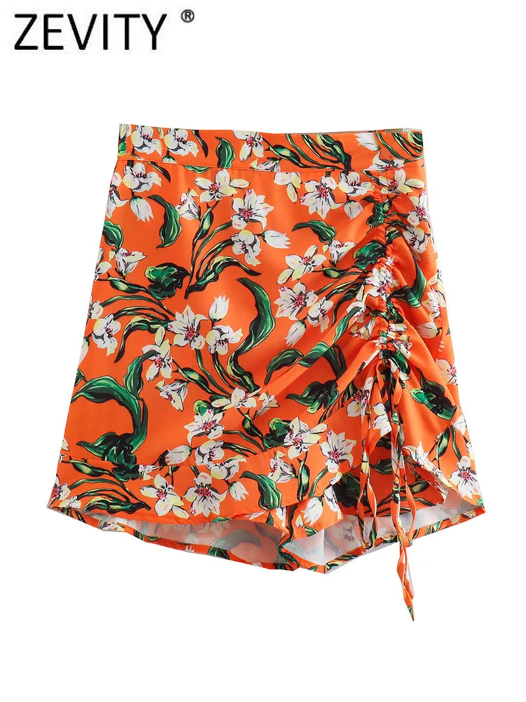 

ZEVITY Women Fashion Floral Leaves Print Pleated Lace Up Shorts Skirts Female Side Zipper Shorts Chic Pantalone Cortos P1411