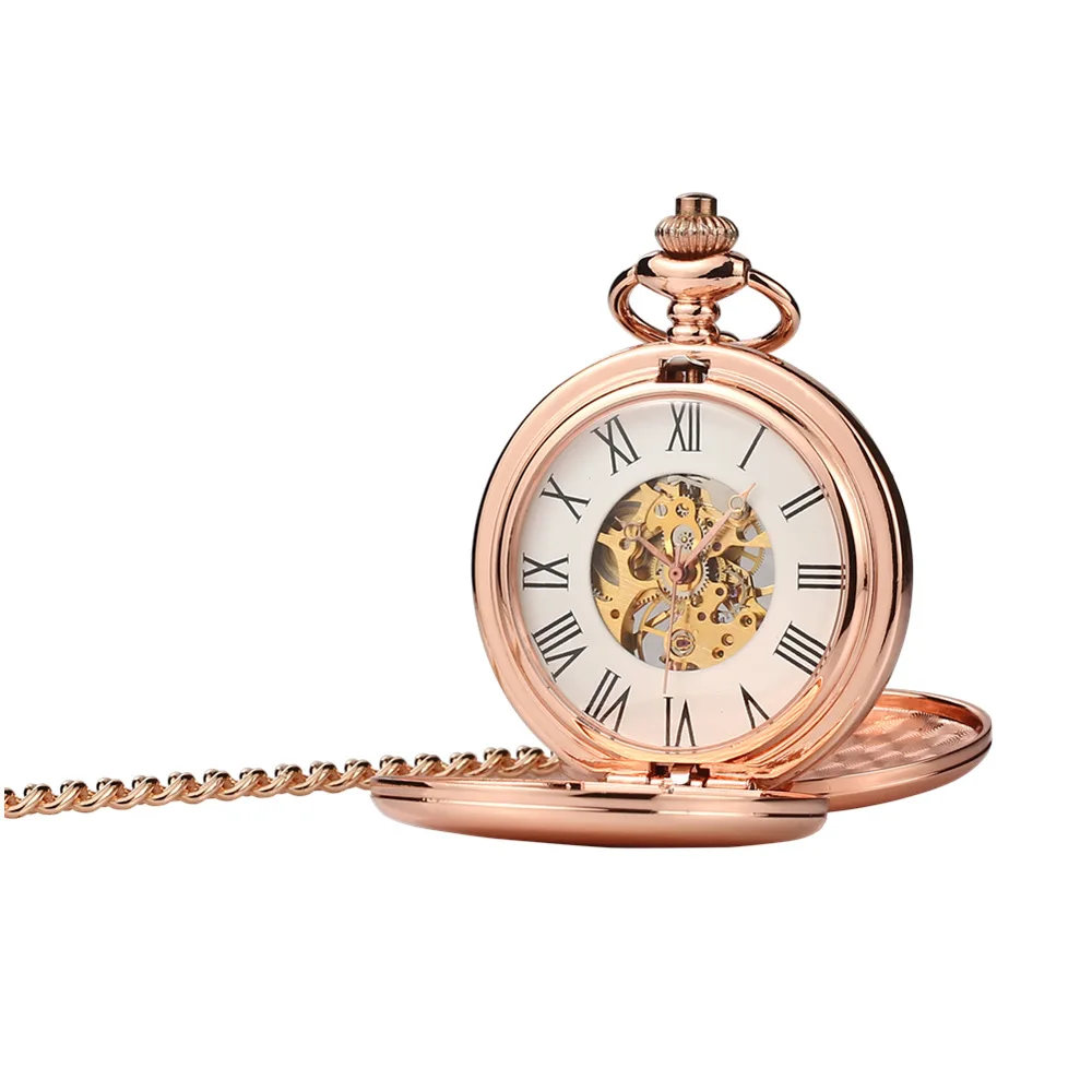 Luxury Dual Open Case Vintage Gold Mechanical Pocket Watch for Men Women Skeleton Dial Roman Numeral Man Fob Chain Pendant Clock
