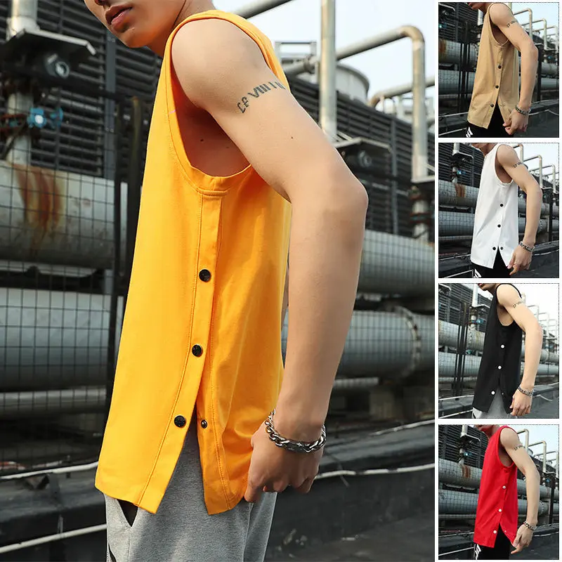 

T-shirt Double-Breasted Loose Summer Mens Tank Top Quick-Drying Sleeveless Waistcoat Wear Fashion Tees Solid Cotton Round Neck
