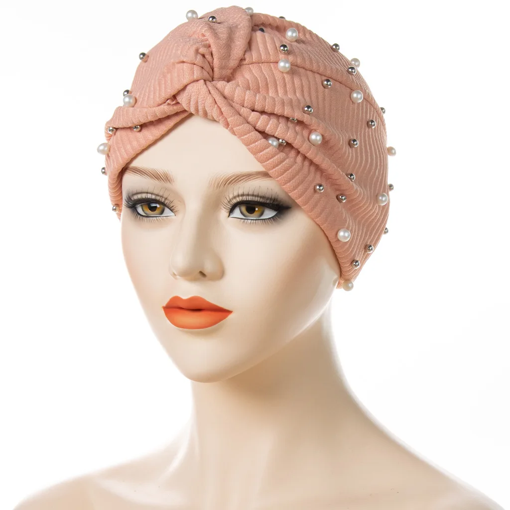 

Fashion New Twisted Turban Hats With Pearls Women islamic Hijabs Muslim Headscarf Headwraps Women Bandana Cap