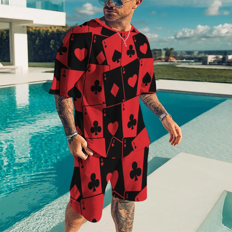 2 Piece Set Outfits T-shirt Shorts Suit Summer Black and Red Streetwear Oversize Dress Retro Beach Style 3D Printed Men's Set