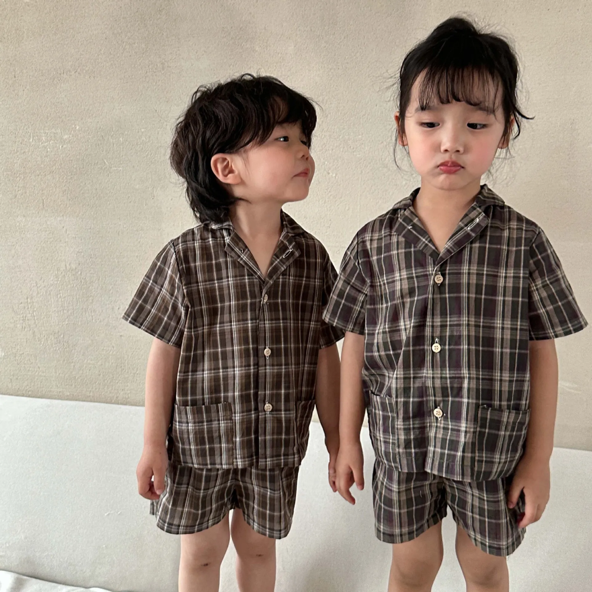 

Summer Baby Casual Plaid Shirt Set Boy Girl Infant Striped Pockets Short Sleeves Tops + Shorts 2pcs Children Cotton Blouses Suit
