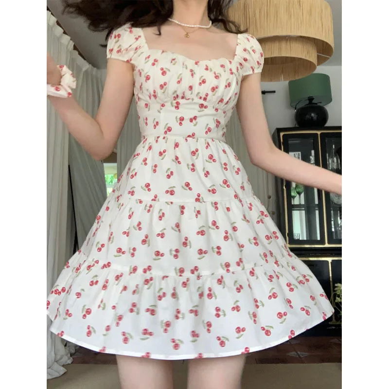 

Small Cherry Summer Temperament Pure Desire Slimming Dress Gentle Niche Design Sense Floral Long And Short Dresses