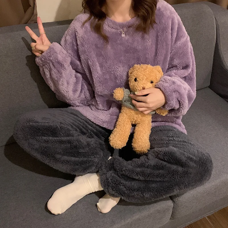 Thicken Warm Flannel Pajamas Sets for Women Winter Long Sleeve Coral Velvet Sleepwear Pants Pyjamas Homewear Clothes Drop Ship
