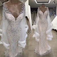 elegant mermaid evening dresses flare long sleeve feathers womens prom gowns luxurious beading handmade formal party dress