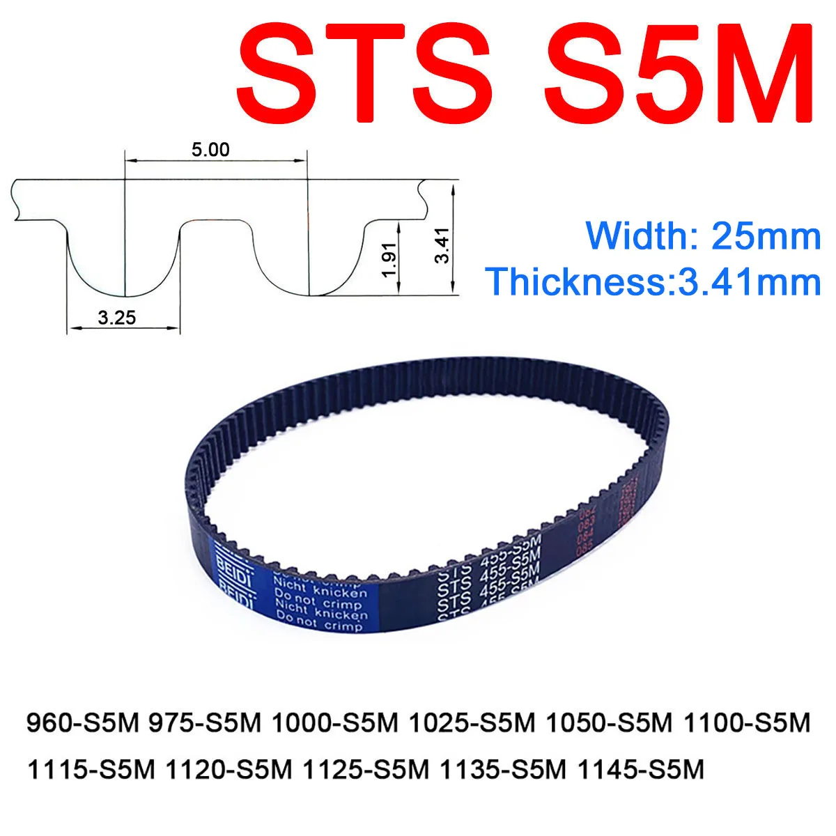 

1Pc Width 25mm S5M Rubber Arc Tooth Timing Belt Pitch Length 960 975 1000 1025 1050 1100 1115 1120 1125 1135 1145mm Drive Belts