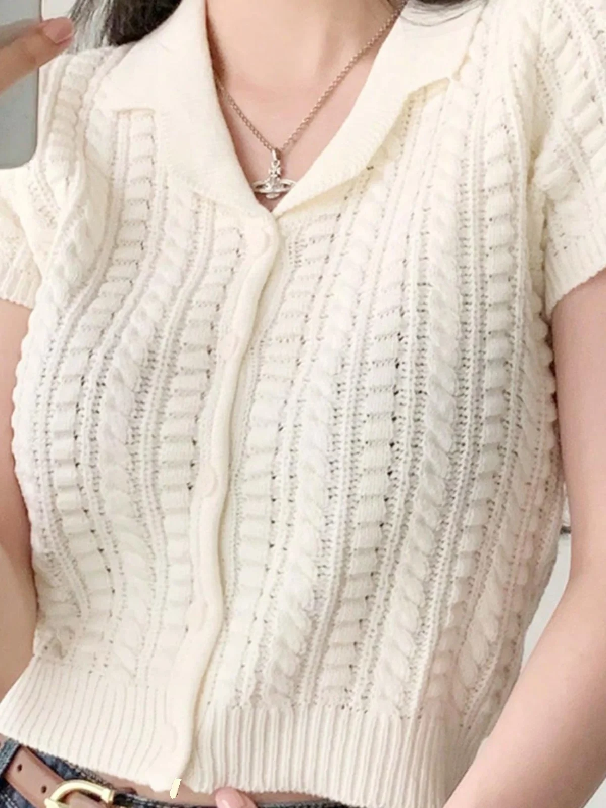 Корейская серия шикарная вязаная футболка с короткими рукавами и лацканами