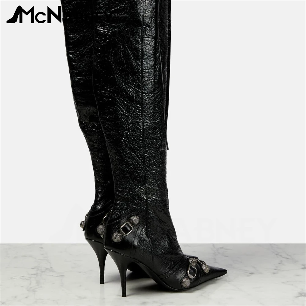 Leather Over-The-Knee Boots Pointed Toe Stiletto Boots for Women Metal Rivet Accessories Luxury Fashion Designer High Heel Boots