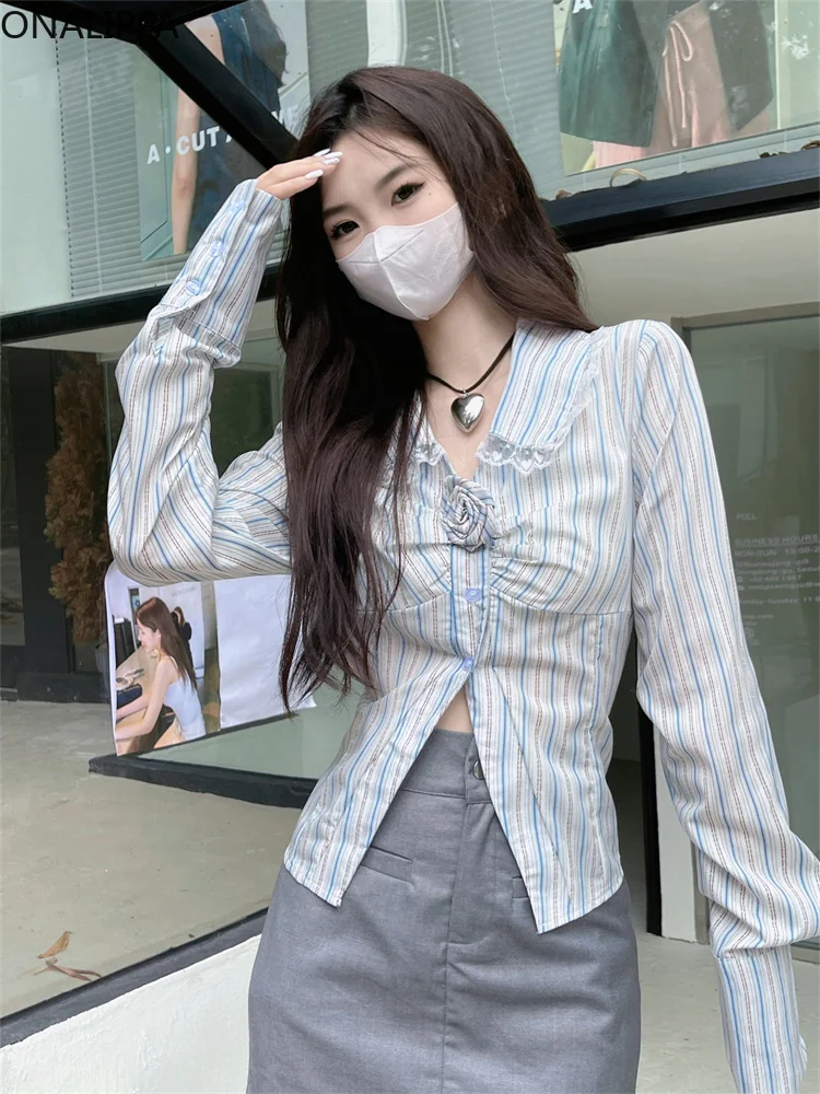 Женская полосатая блузка Onalippa кружевная Лоскутная рубашка с воротником Питер