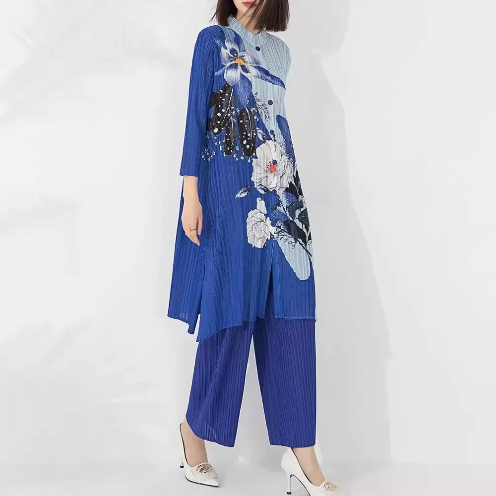 Женский осенний костюм Miyake новинка 2024 года топ на пуговицах с воротником-стойкой