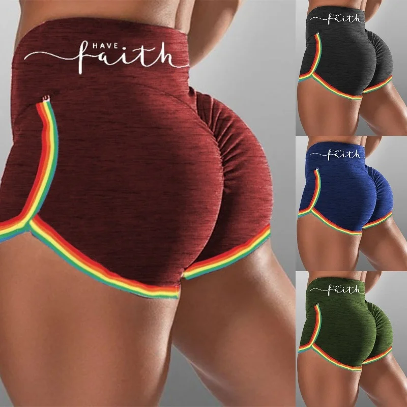 

Oshoplive Letter Print Tight Hip Rainbow Sports Shorts Women High Waist Elastic Slim Yoga Short Pants Women Bottoms
