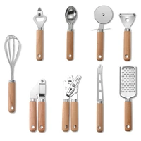 kitchen gadget set wooden handle stainless steel utensils can opener peeler garlic press cheese grater whisk kitchen accessories