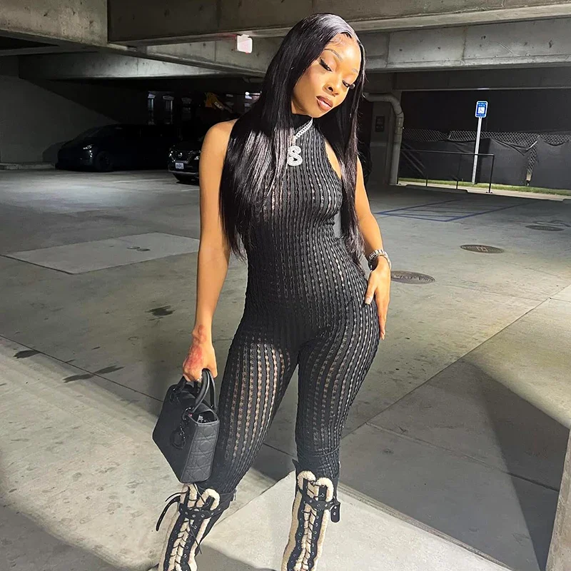 Женский Осенний сексуальный сетчатый однотонный комбинезон на молнии сзади