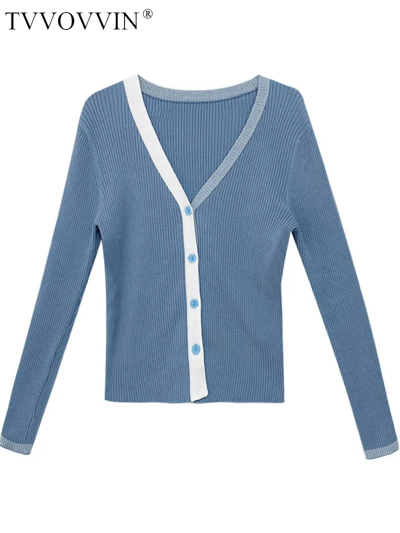 

WOMENGAGA Gentle Slim Long Sleeve Knitted Cardigan Women Slim Contrast Color V-Neck Single Breasted Sweater T758