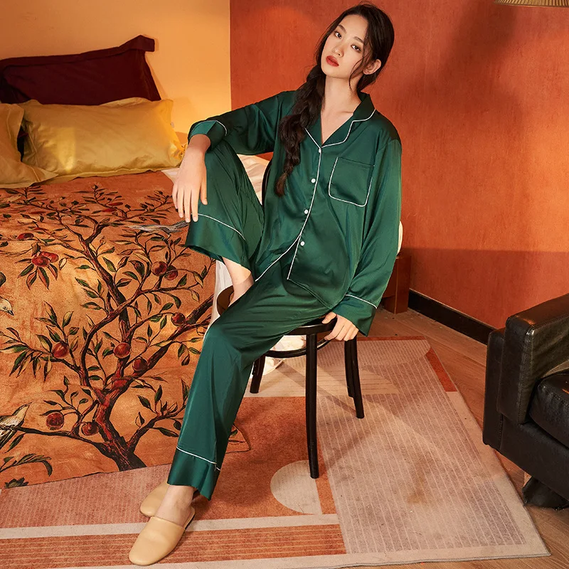 Satin Chiffon Pajamas Long-Sleeved Trousers Homewear Suit Vintage Women's Pajamas Ladies Home Leisure Suit