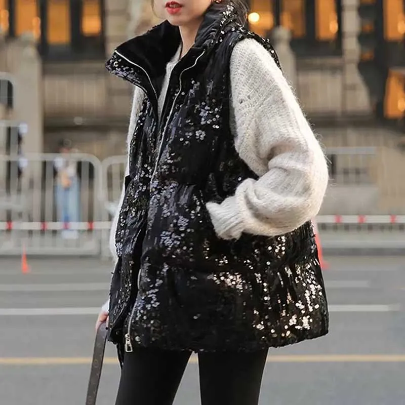 

Women Autumn Vest 2022 Winter Fashion Sequin Loose Warm Cotton Padded Gilet Slim Stand-up Collar Short Waistcoat
