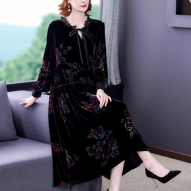 

2023 Spring and Autumn New Velvet Large Women's Dress Wide Lady Slim Elegant O Neck Covering Belly Flocking Long Sleeve Dress