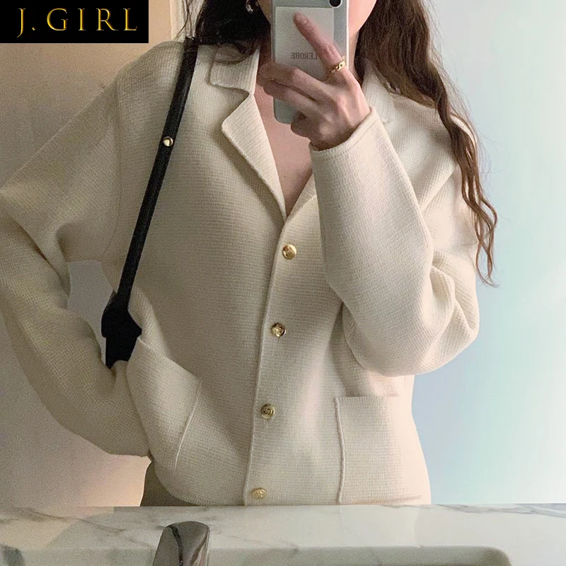 

J GIRLS Autumn Female Coats Korean Chic Vintage Suit Collar Single-Breasted Loose Pocket Design Long-Sleeved Knitted Jacket