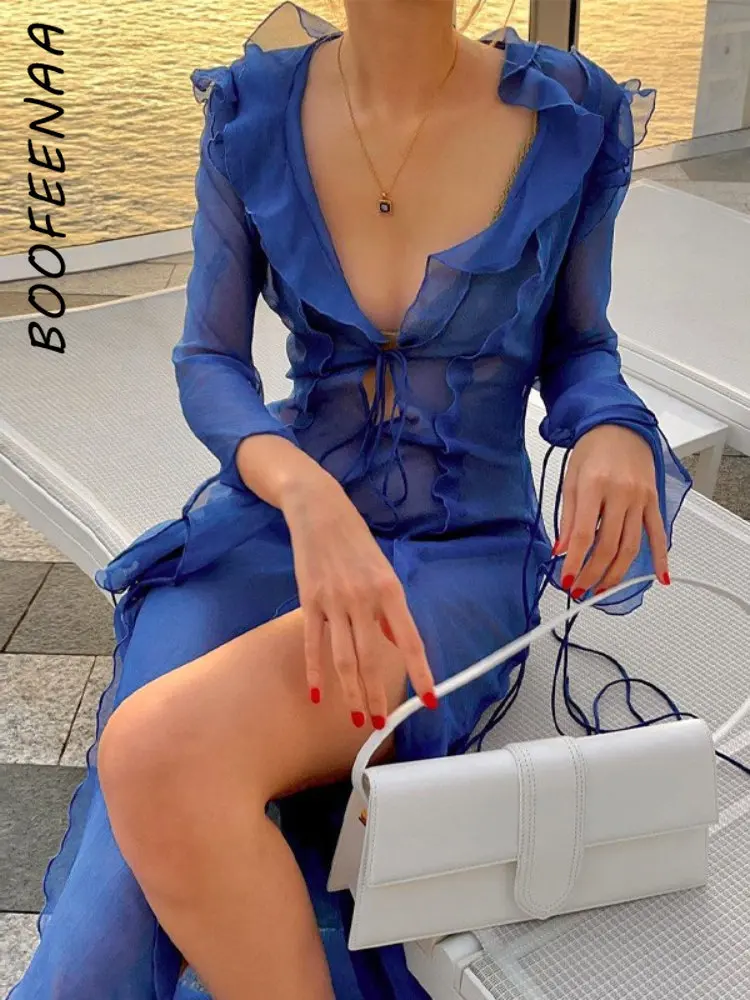 

Сексуальное прозрачное шифоновое платье BOOFEENAA для отпуска, синее платье макси с V-образным вырезом и длинным рукавом и разрезом, Летняя Пляж...