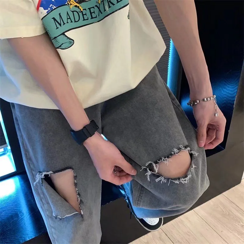 Summer Ripped Jeans Men's Fashion Casual Hole Wide Leg Jeans Men Streetwear Hip Hop Loose Straight Denim Pants Mens Trousers
