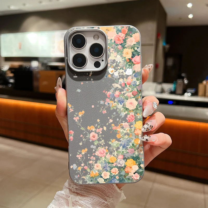 Роскошный чехол с садовым цветком для iPhone 16 Pro Max Coque 11 12 13 14 15 текстурой кожи мягкий