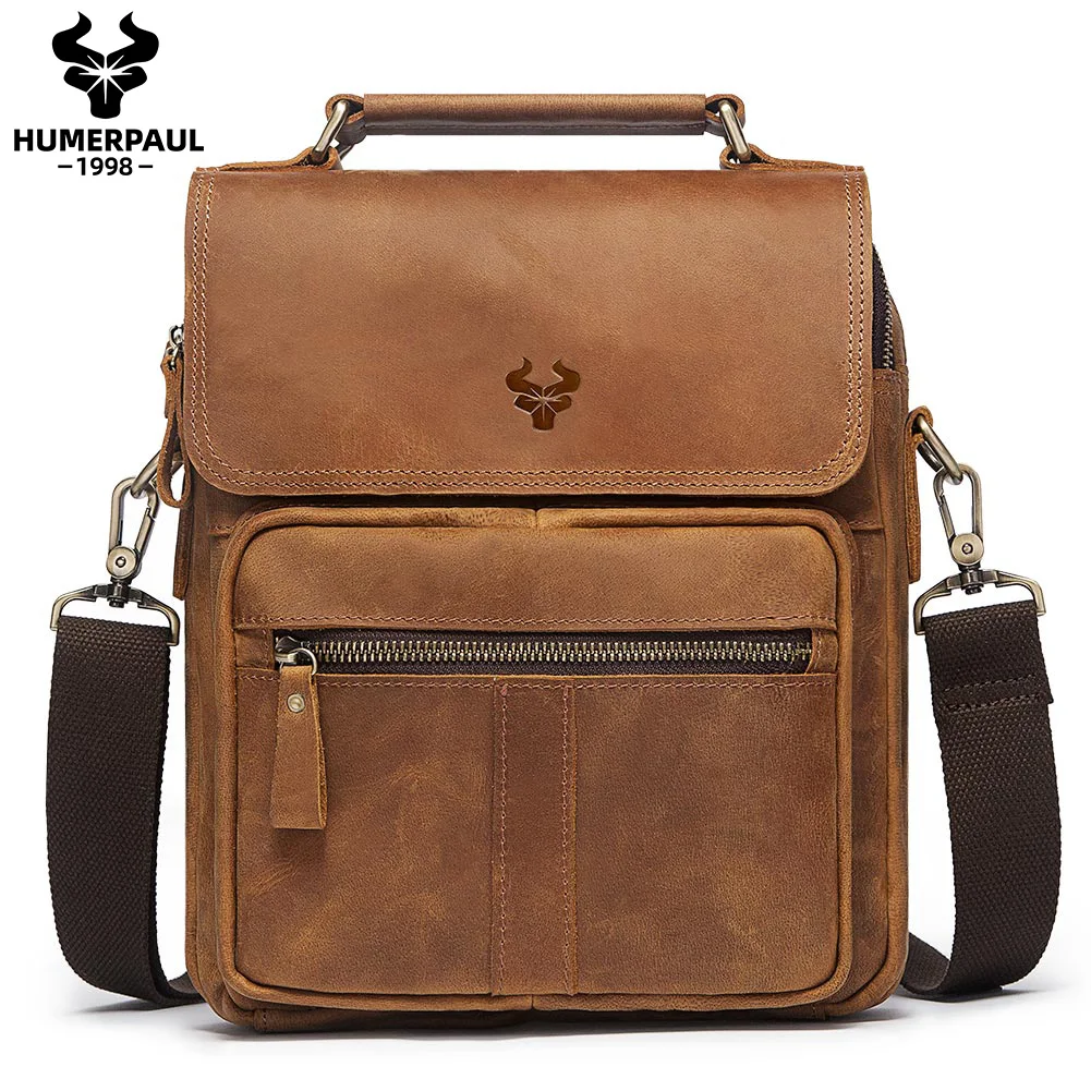 HUMERPAUL Men's Crossbody Shoulder Bags High quality Tote Fashion Business Man Messenger Bag Big Size Split Leather Bags