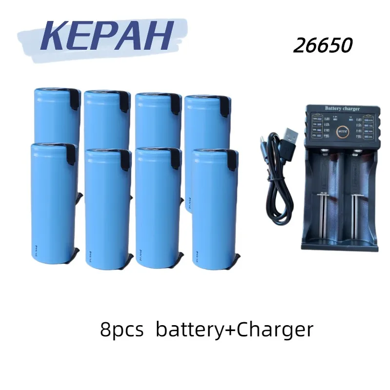 

26650-H литий-ионный Аккумулятор 6000 мАч, большая емкость в, плоская головка, оригинальное зарядное устройство подходит для наружных фонариков и т. д.