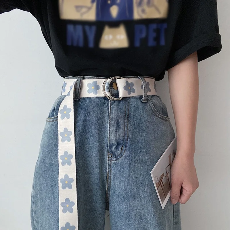 New Fashion Flower Canvas Belt For Women Double D Ring Buckle Waist Strap Harajuku Jeans Dress Casual Female Student Waistband