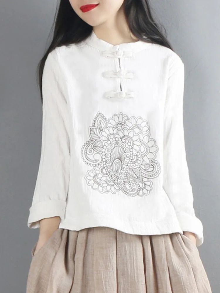 

100% Cotton Women Long Sleeve Casual T-shirts New 2022 Spring Vintage Style Floral Embroidery Loose Female Tops Tees D236