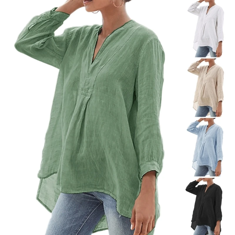 

Women 3/4 Puff Sleeve Casual Loose Tunic Shirt V-Neck Solid Linen Blouses Tops