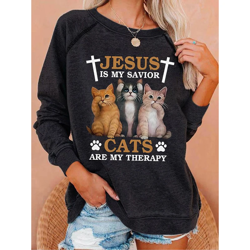 

Rheaclot, забавный женский хлопковый свитшот с надписью на тему Иисуса-мой спаситель, кошки-это моя терапия, кошка