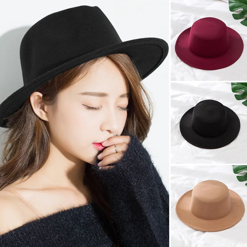 

Flat Top Ladies Fashion Jazz Hat Fall Winter Simple Solid Color Woman Panama Hat Vintage Felt Hard Brim Fedora Hat for Women