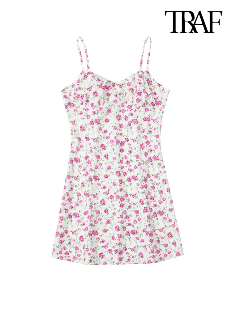 

TRAF Women Fashion Floral Print Draped Mini Dress Vintage Backless Zipper Thin Straps Female Dresses Vestidos Mujer