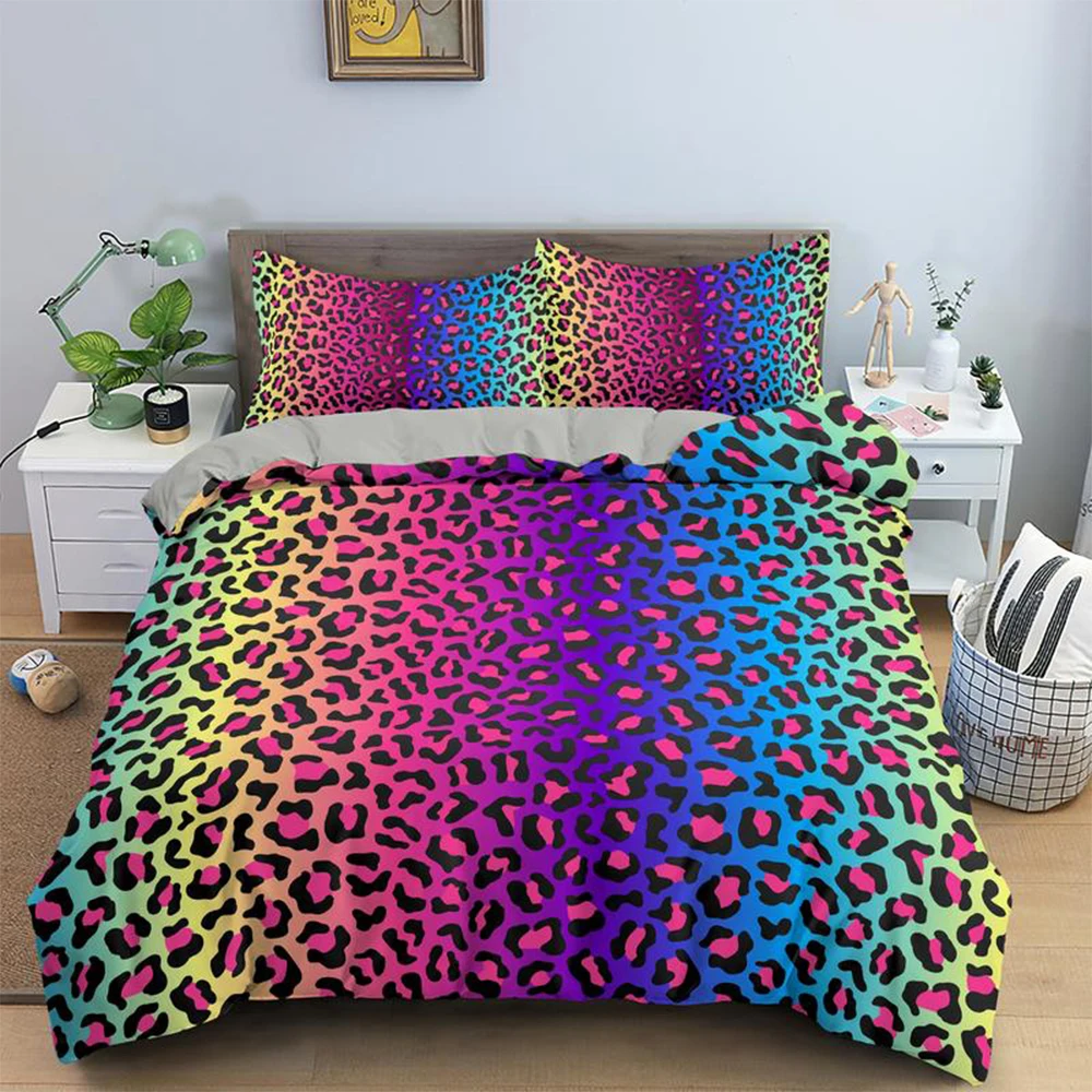 

Hot Sale Colorful Leopard Print Bedding Set 2/3pcs 210x210 Queen King Size Quilt/Comforter Cover With Zipper Teens Bedclothes