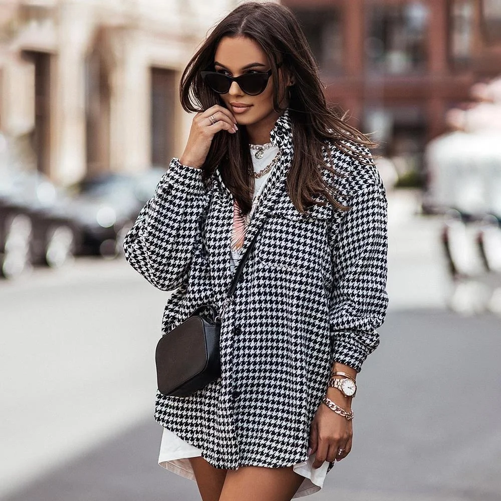 

Autumn Fashion Houndstooth Women's Jacket Casual Loose Lapel Long Sleeve Coat High Street Plaid Female Winter Tops