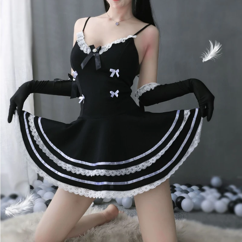 

Lolita Sexy Maid Cosplay Costumes Uniform Cute Black Suspender Deep V Bow Dress Back Hollow Out Lace-up Ruffles Women Dresses
