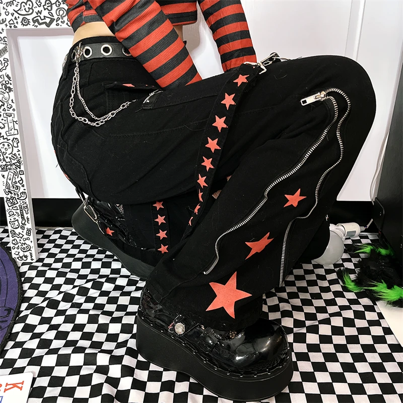 

Gothic Chain Bandage Wide Leg Black Pants Women Oversized Low Rise Dark Academic Trousers Streetwear Punk Style 90s Baggy Pant