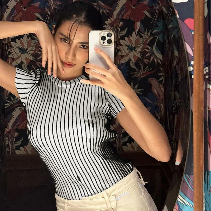 

Lygens O Neck Striped Print Short Slleve Fitness Slim Casual Women'S T-Shirts Wholesale Y2K Streetwear Wholesale 2023 Clothing
