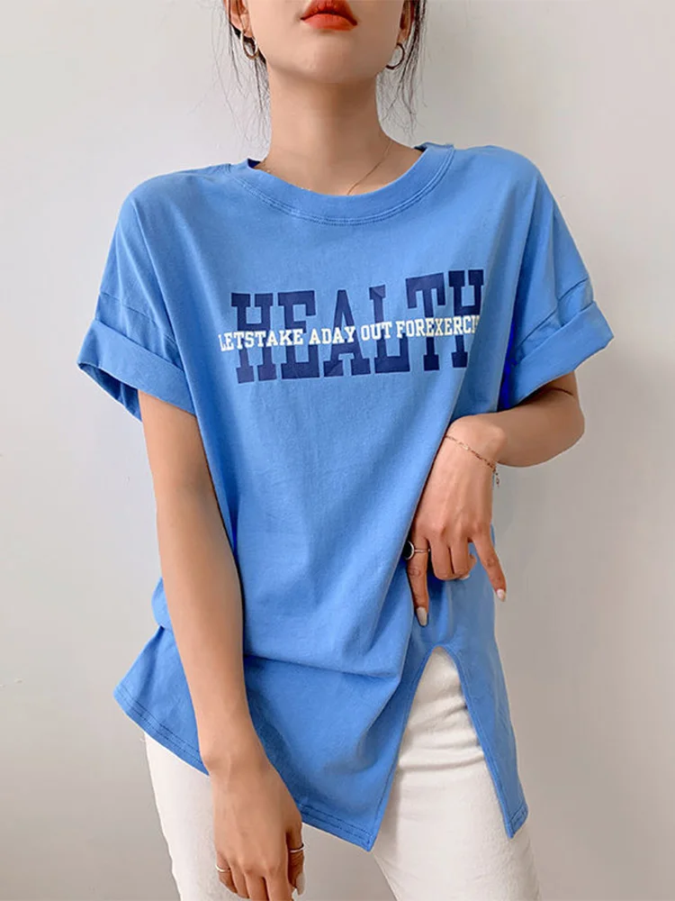 

Doornot Side Split Short Sleeve T-shirt Female Summer Cotton Letter T-shirt Women Loose Casual Simple Oversize Chic Tops Tees